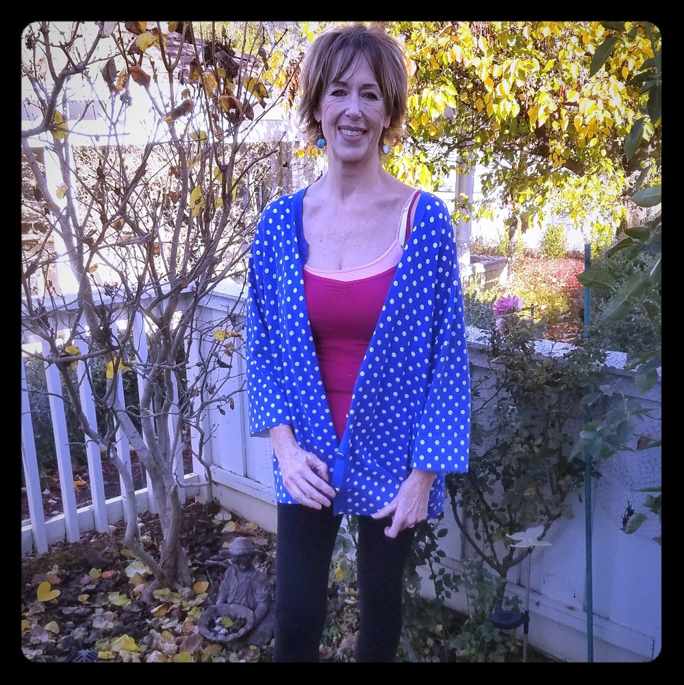 JM Collection Blue sweater with white polka dots